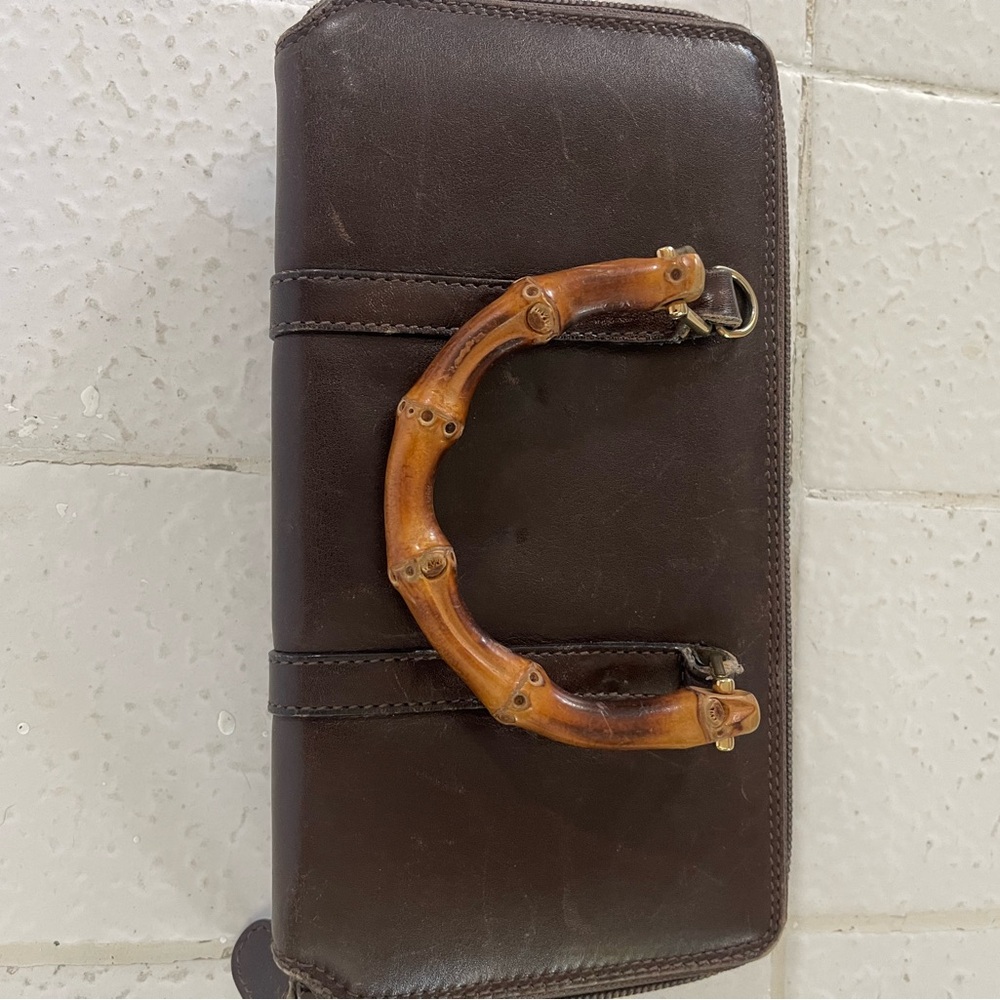 Gucci Brown Leather Clutch with Bamboo Handle